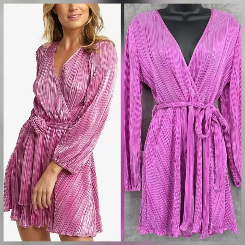 Bardot Bellissa Pleated Mini Dress M 6 Metallic Pink Party Flirty Shimmery New
